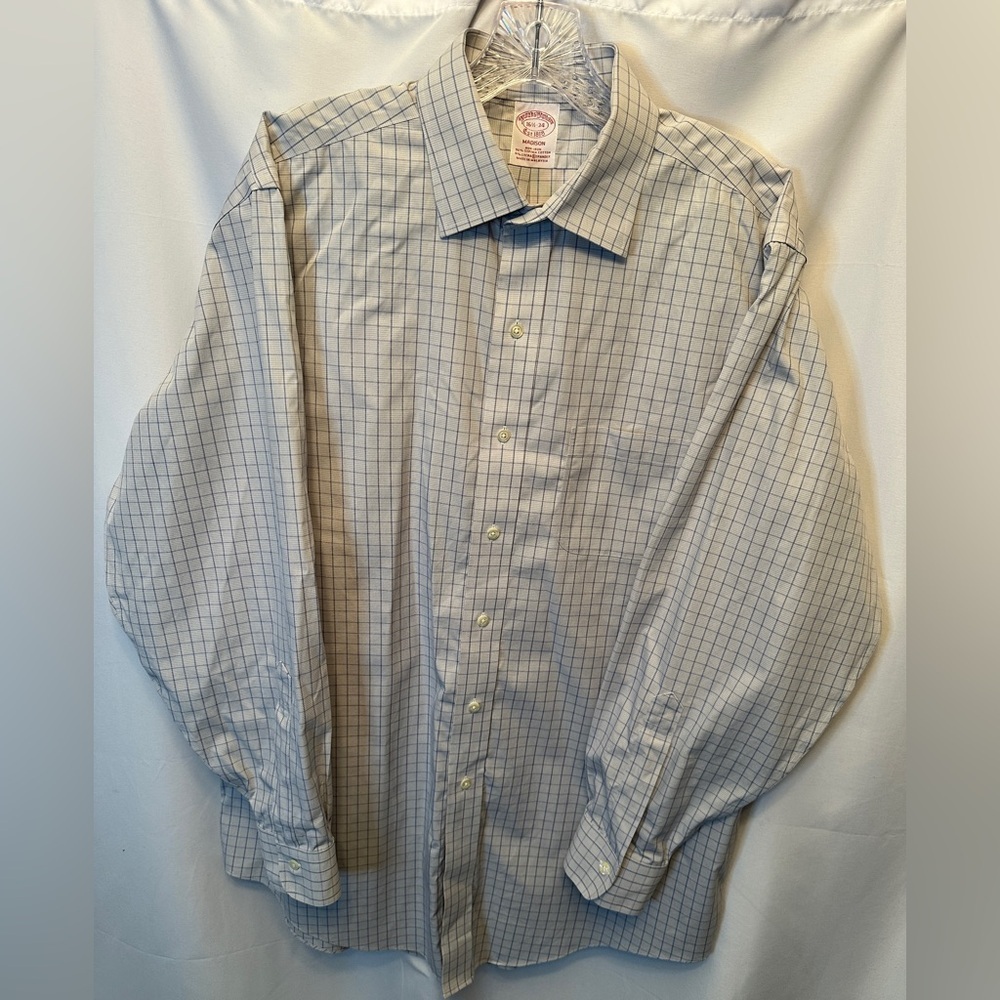 Brooks Brothers Men’s 16.5 34 Madison Shirt Lt. Gray Blue Check Non-Iron Stretch